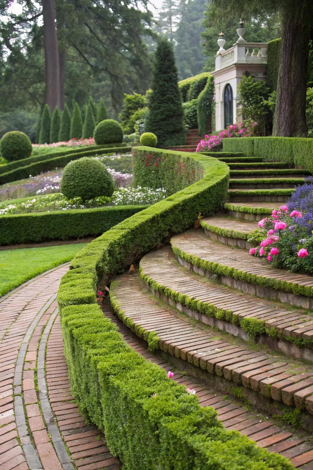 Curved brick steps contributing refinement to an outdoor setting.