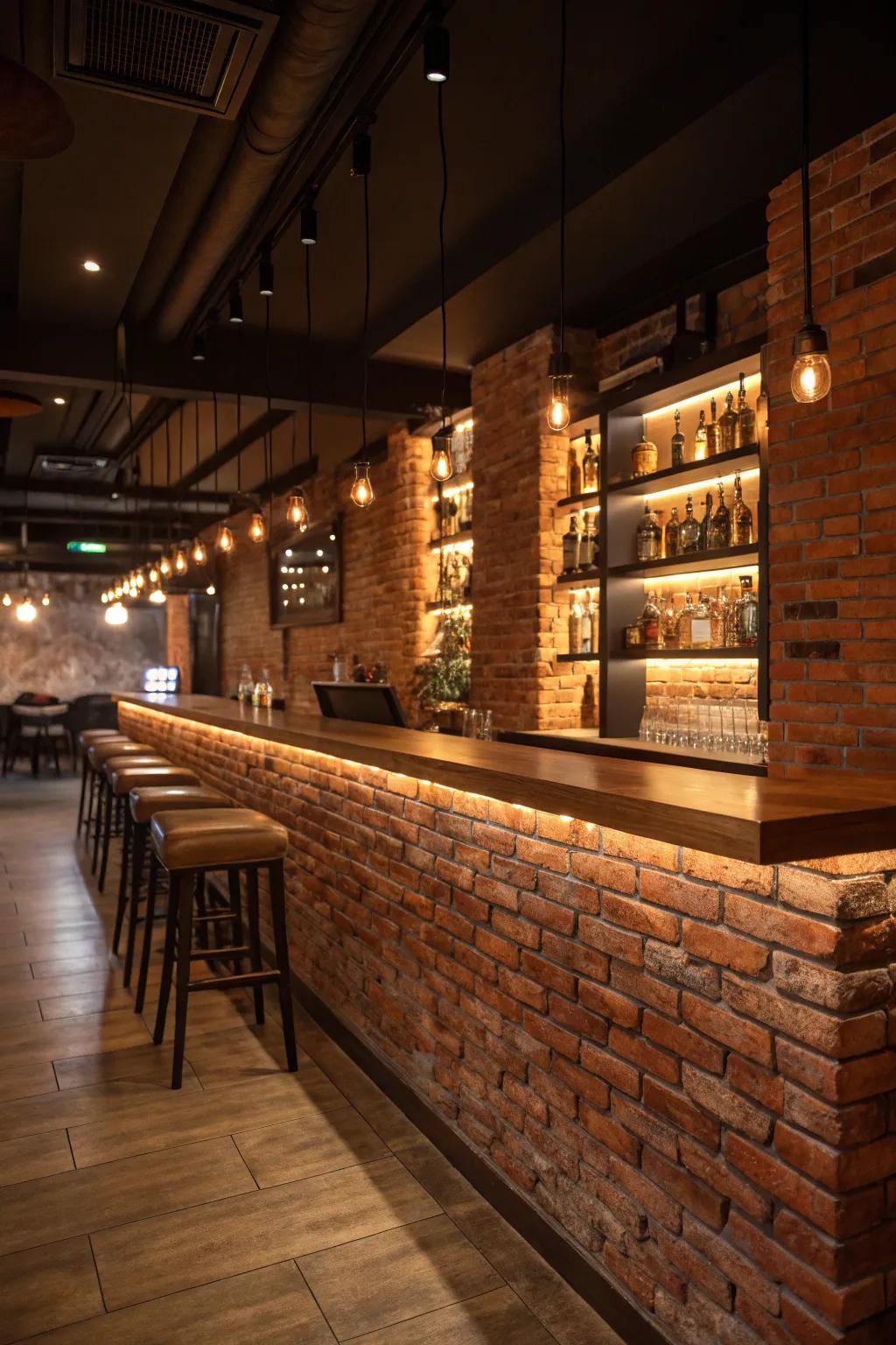 A graceful bar showcasing wood countertops against a traditional brick wall.