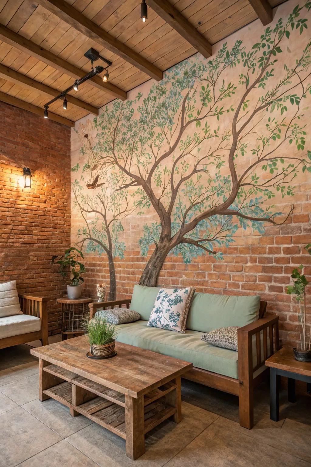 An earthy-inspired mural conveys tranquility to a rustic brick facade.
