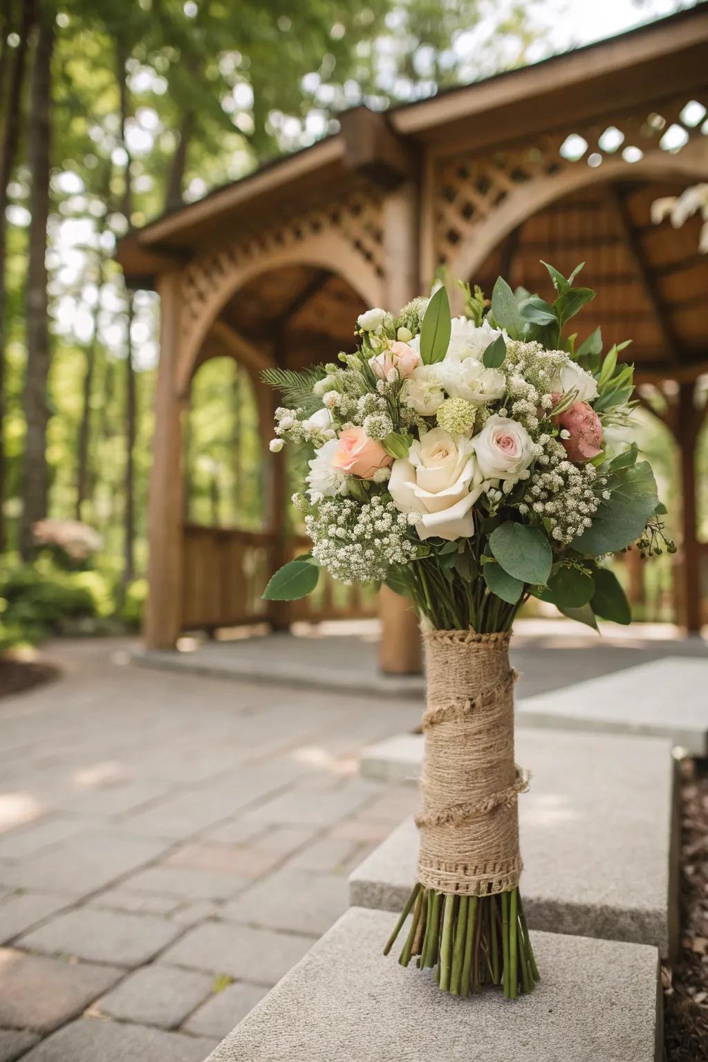 Burlap wraps add a cozy, rustic charm to bridal bouquets.