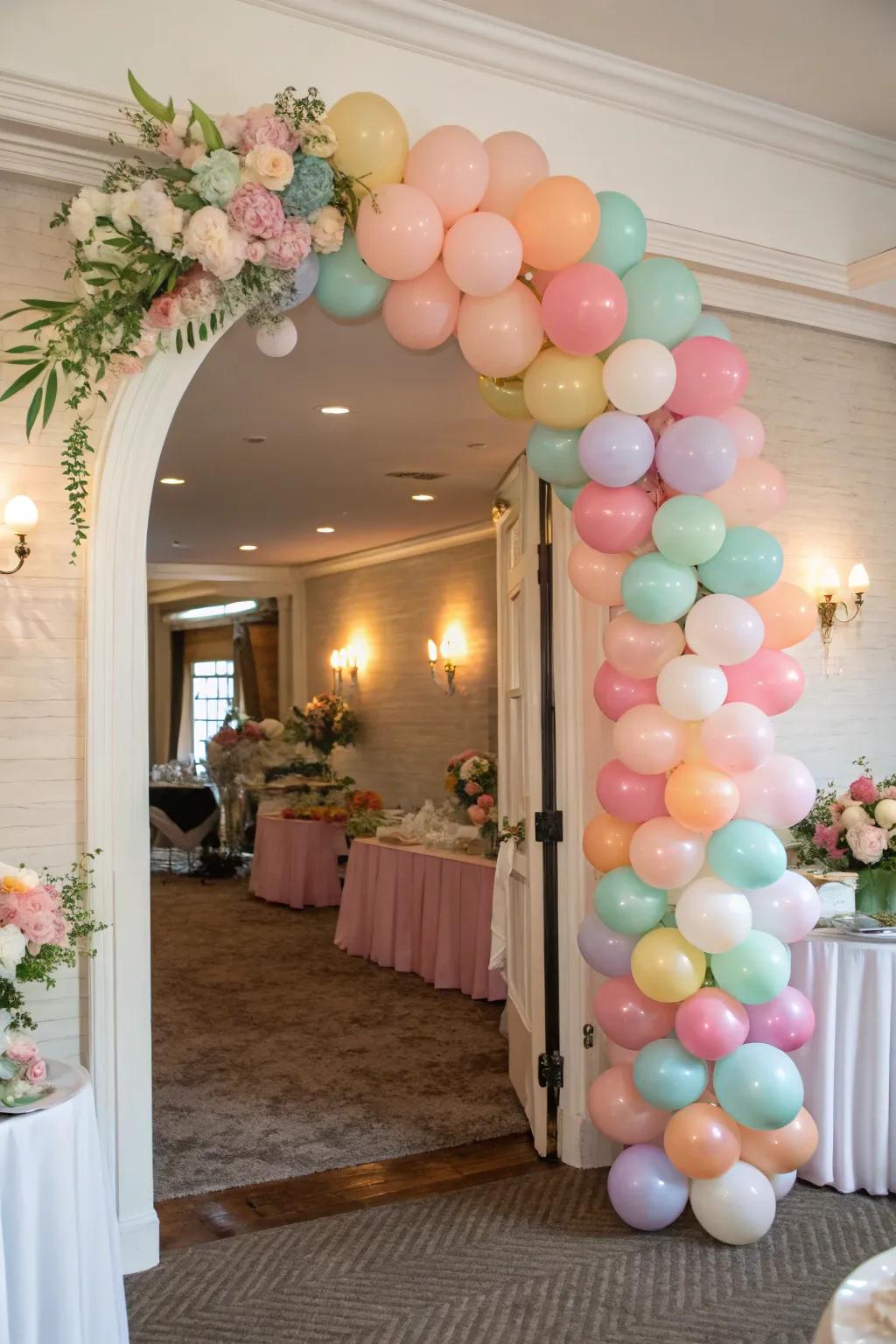 A vibrant balloon chain frames the entryway, including a touch of fancifulness.