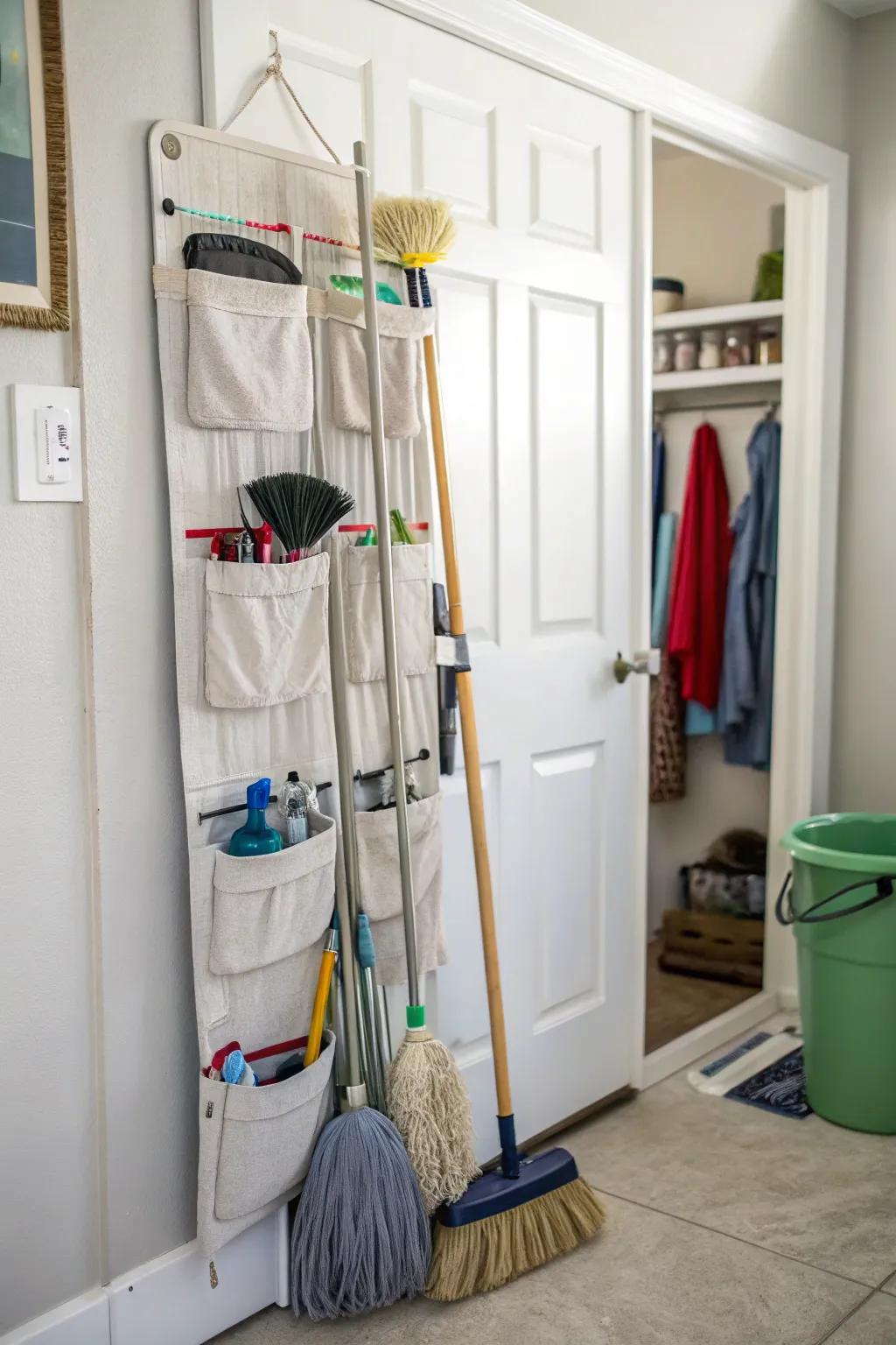 Over-the-door arrangers offer concealed storage for cleaning implements.