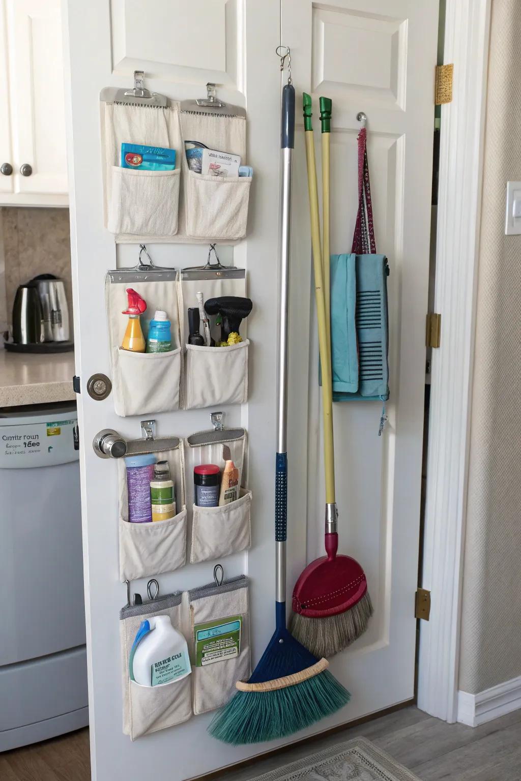 Utilize door space for hidden broom storage.