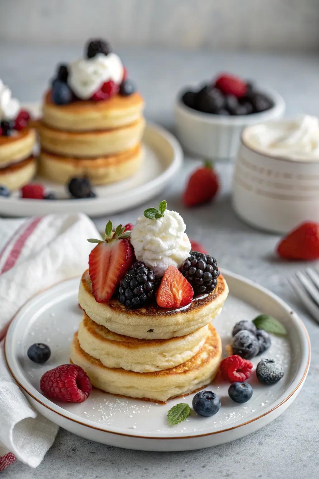 Lovely diminutive pancake piles featuring berries and cream.
