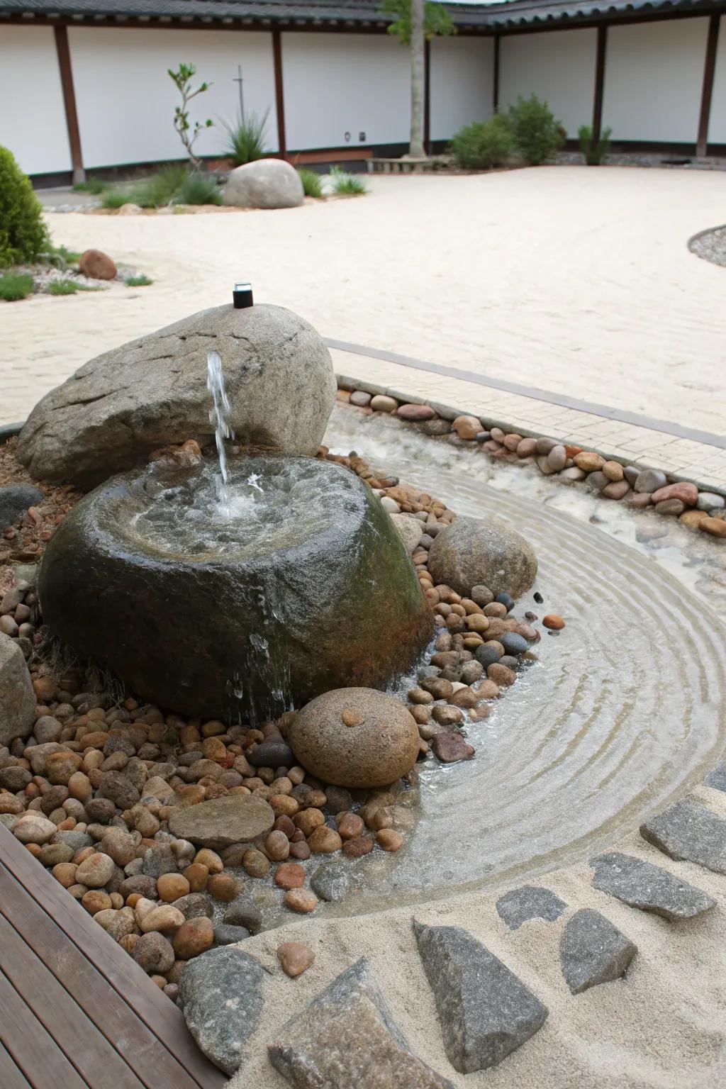 A Tranquil garden fountain cultivates a serene ambiance conducive to reflection.