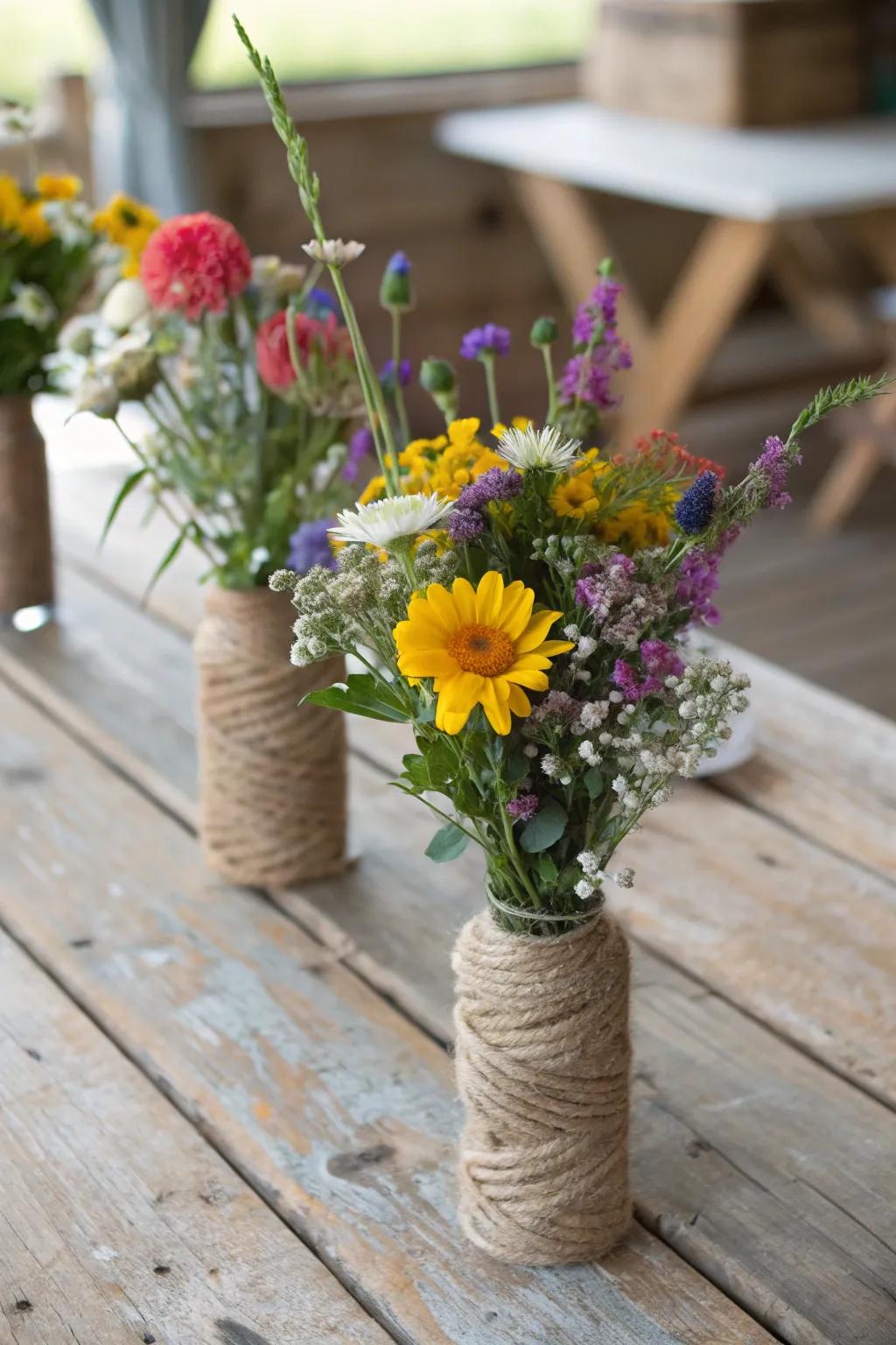 Conjure up a warm homestead atmosphere with untamed flowers and rustic details.