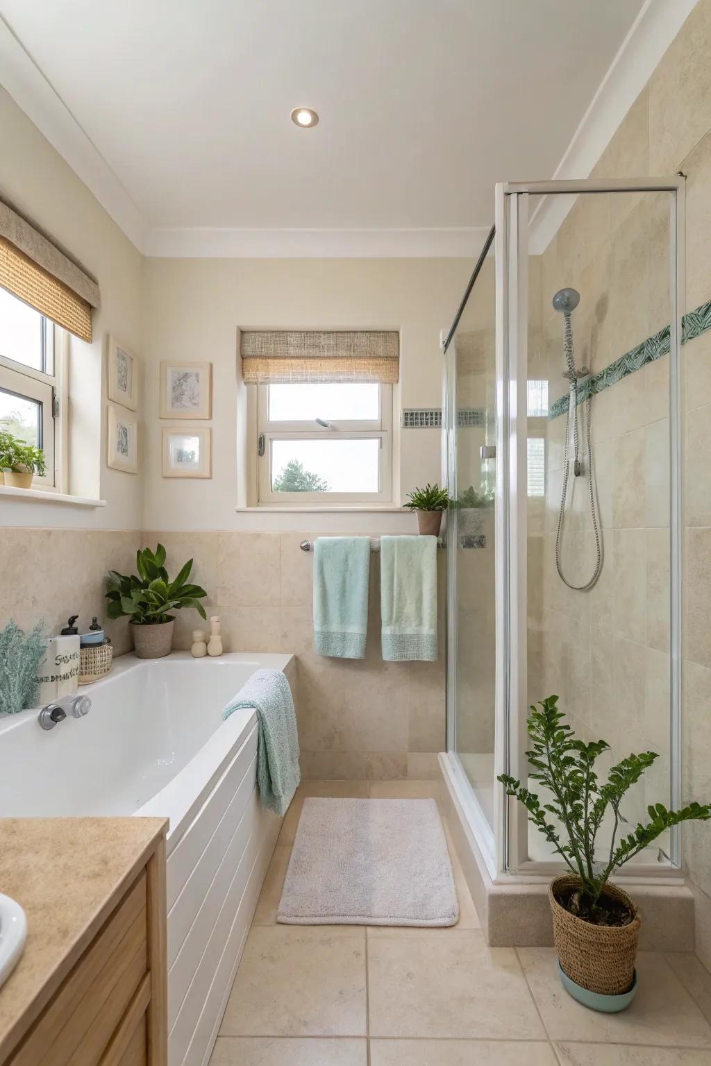 A light and airy small bathroom designed with whites and pastels.