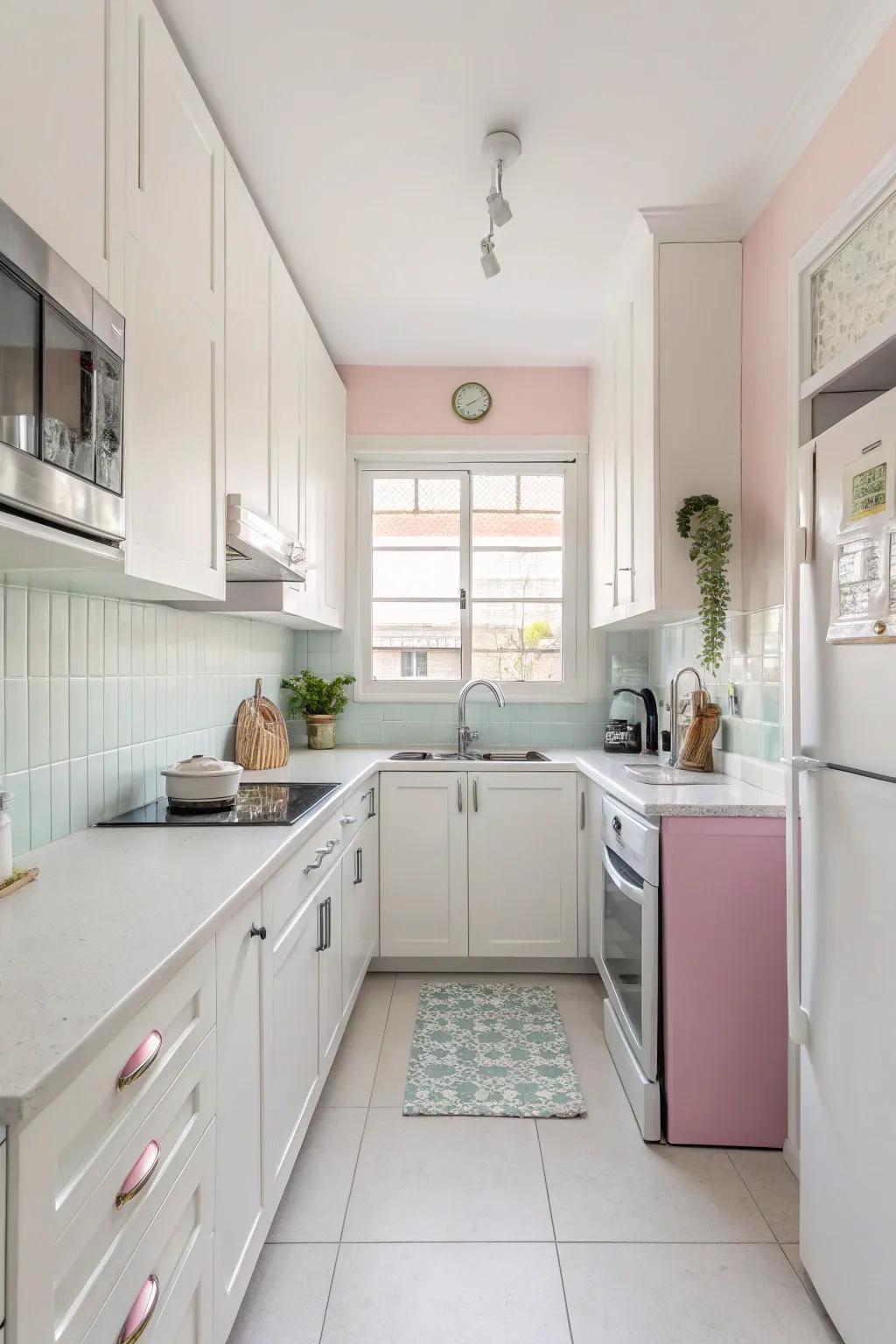 Pale hues foster a spacious sensation in this compact kitchen.