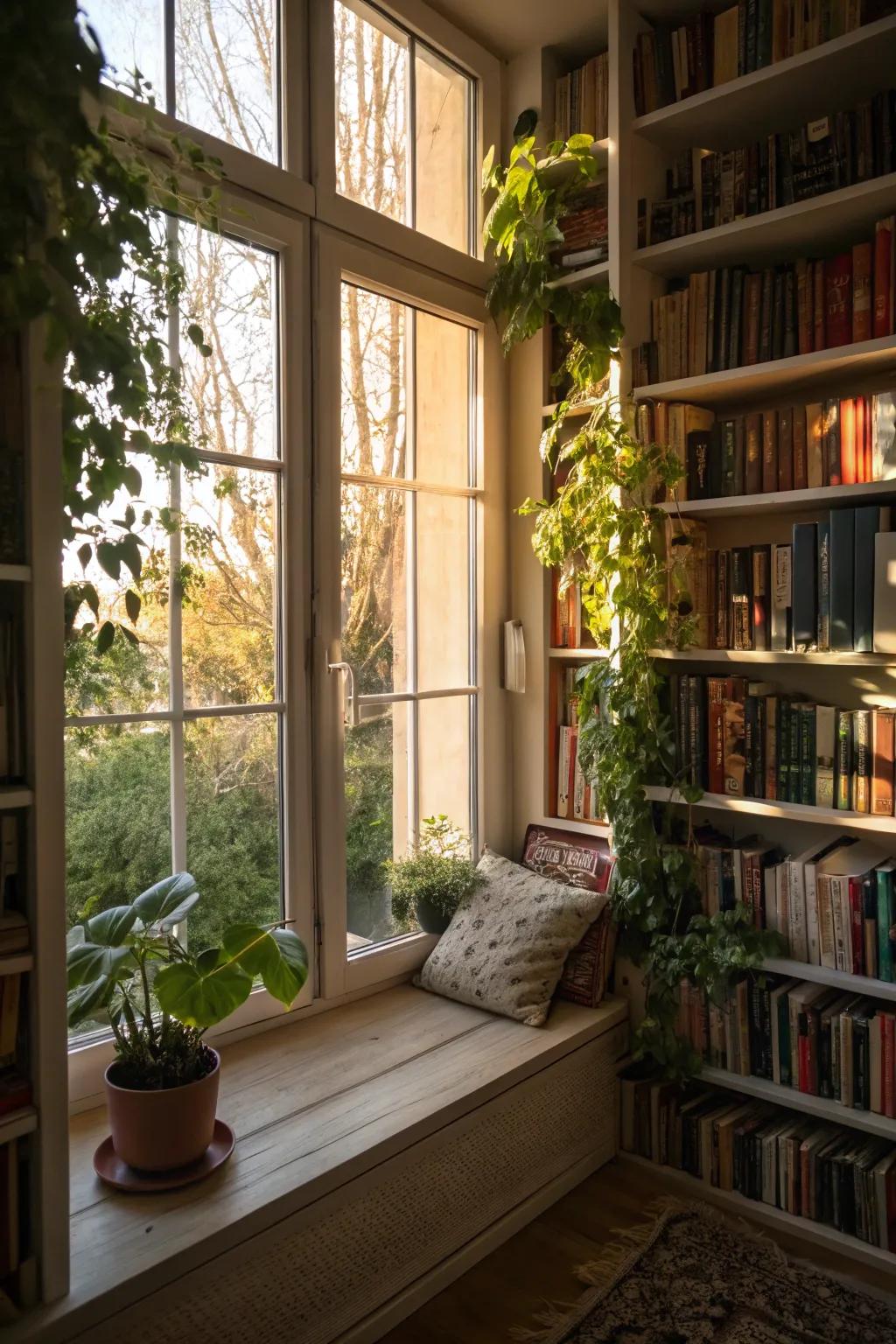 Window-framed bookshelves beautifully combine light and literature.