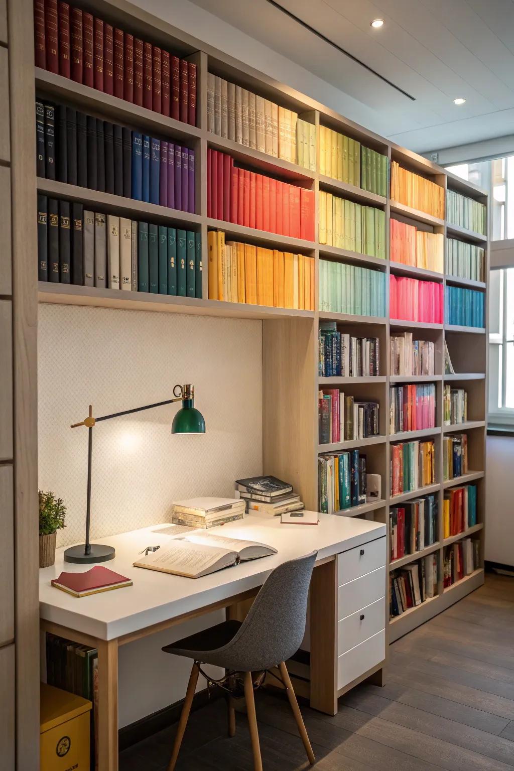 A built-in desk set in a stylish library wall.