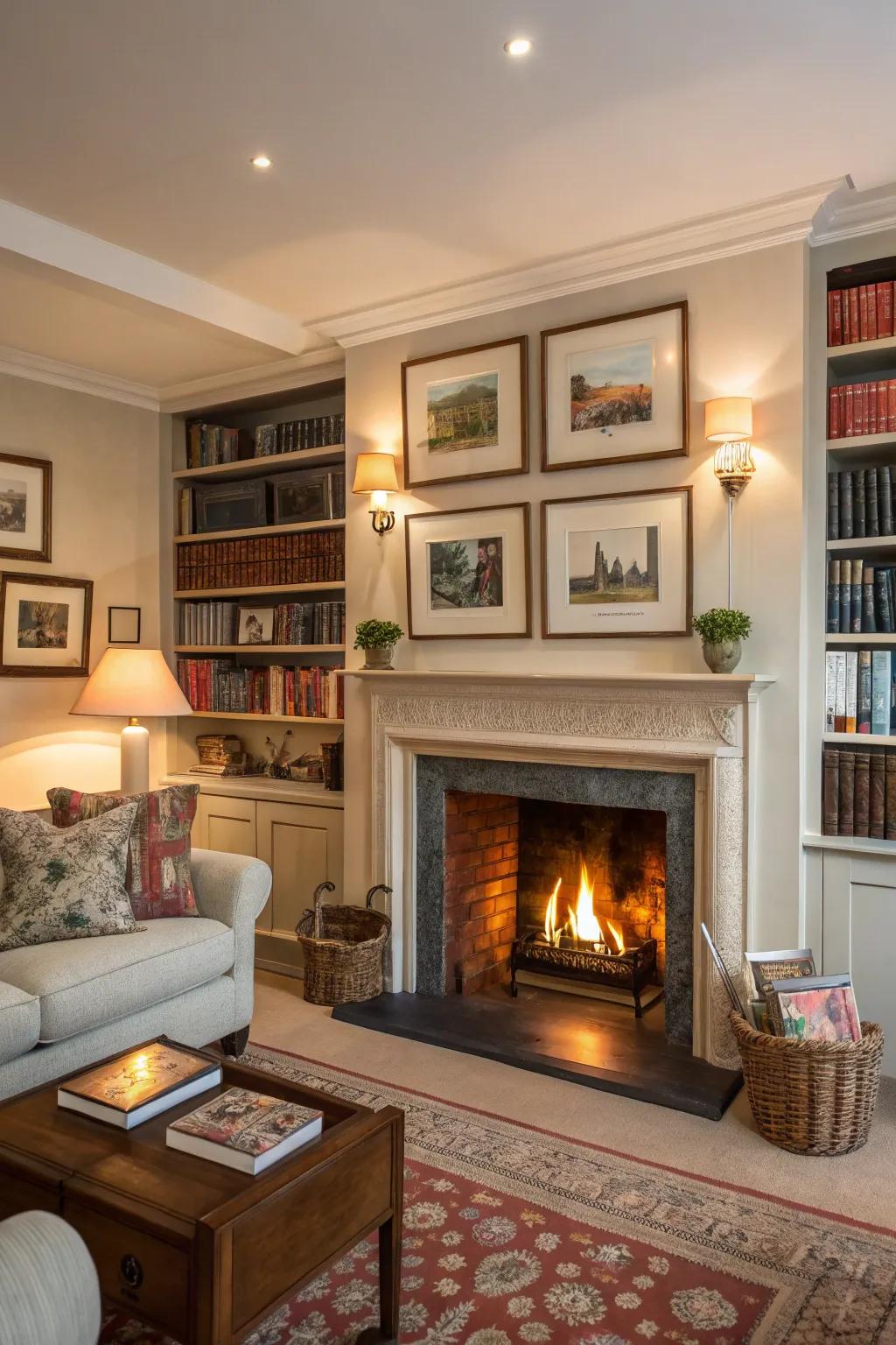 Open shelves around the fireplace offer a beautiful display of personal collections.