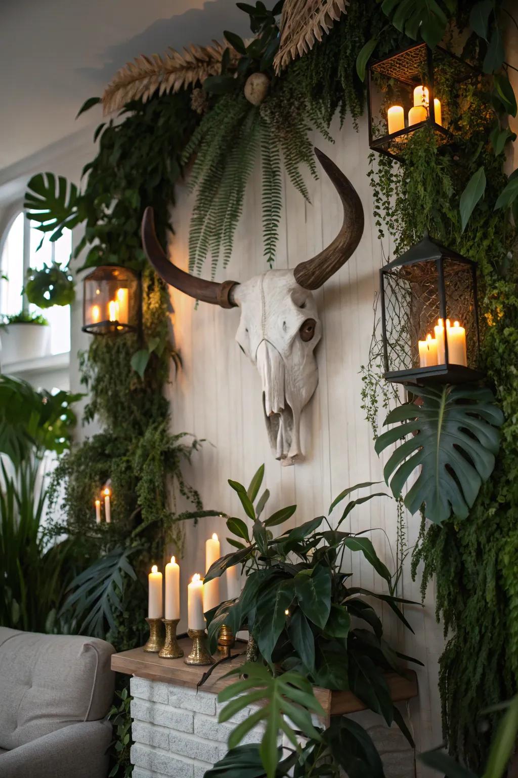 Wall artistry arrangement showcasing a bovine skull.