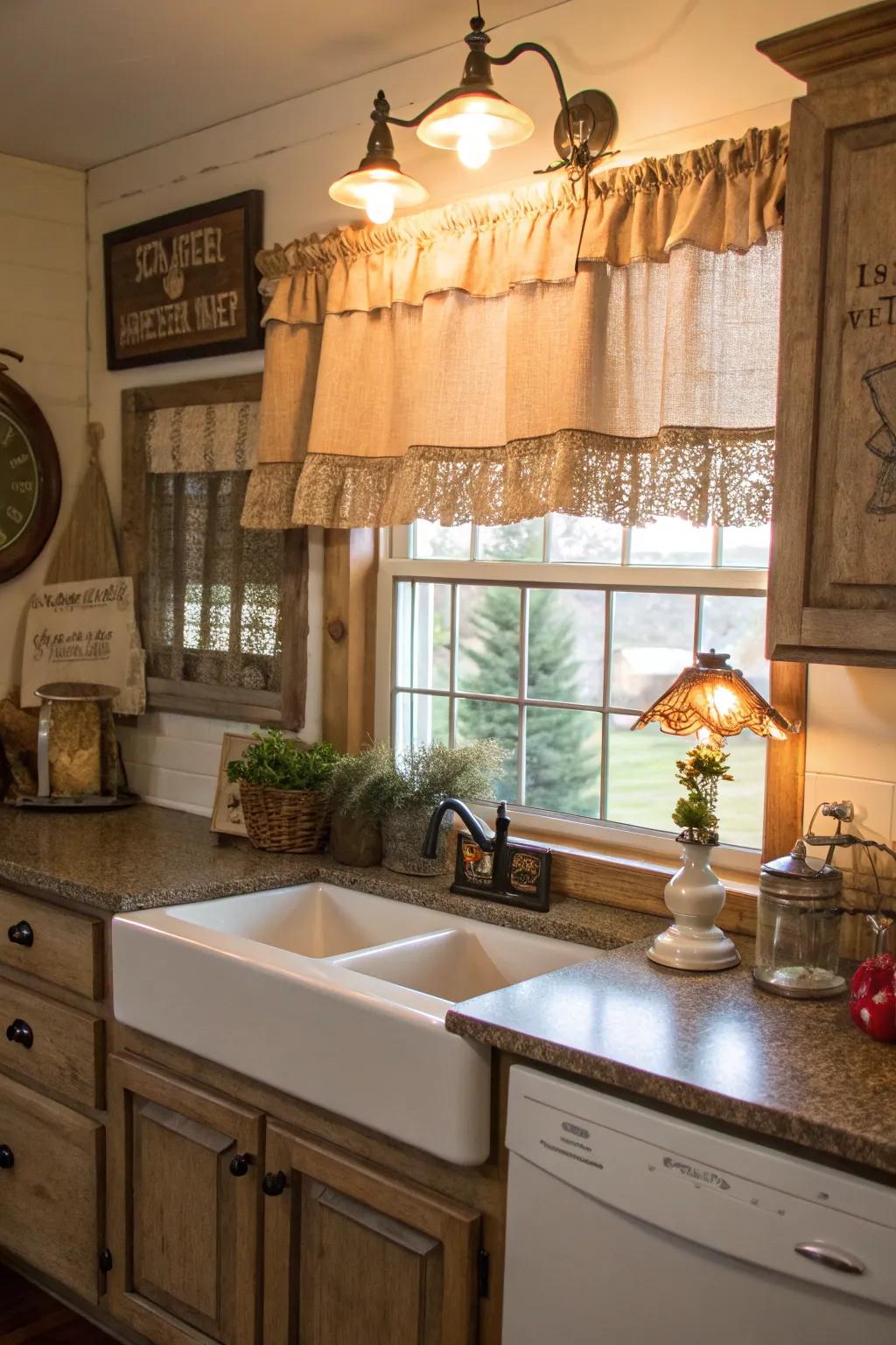 Rustic warmth with a woven fiber valance in the kitchen.