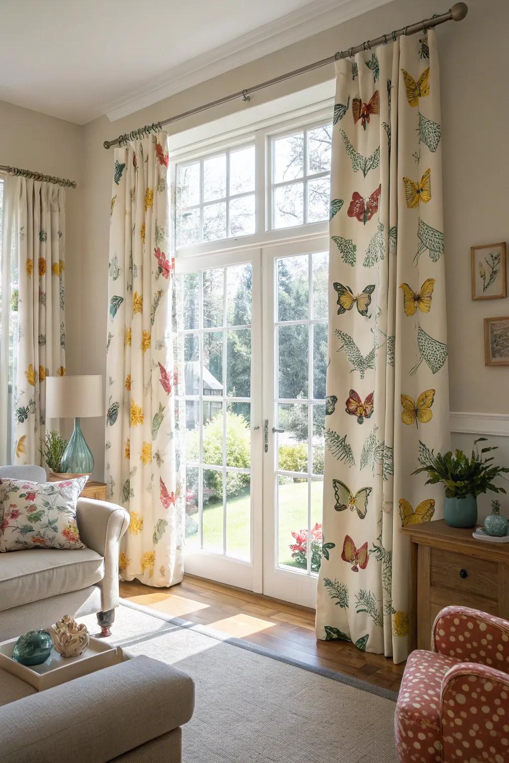 Butterfly curtains invite nature indoors.
