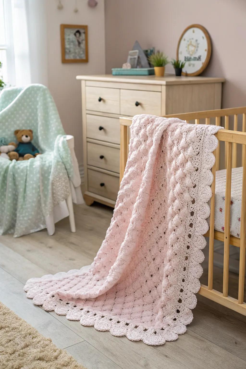 The scalloped edge of this nursery blanket gives it a playful touch.