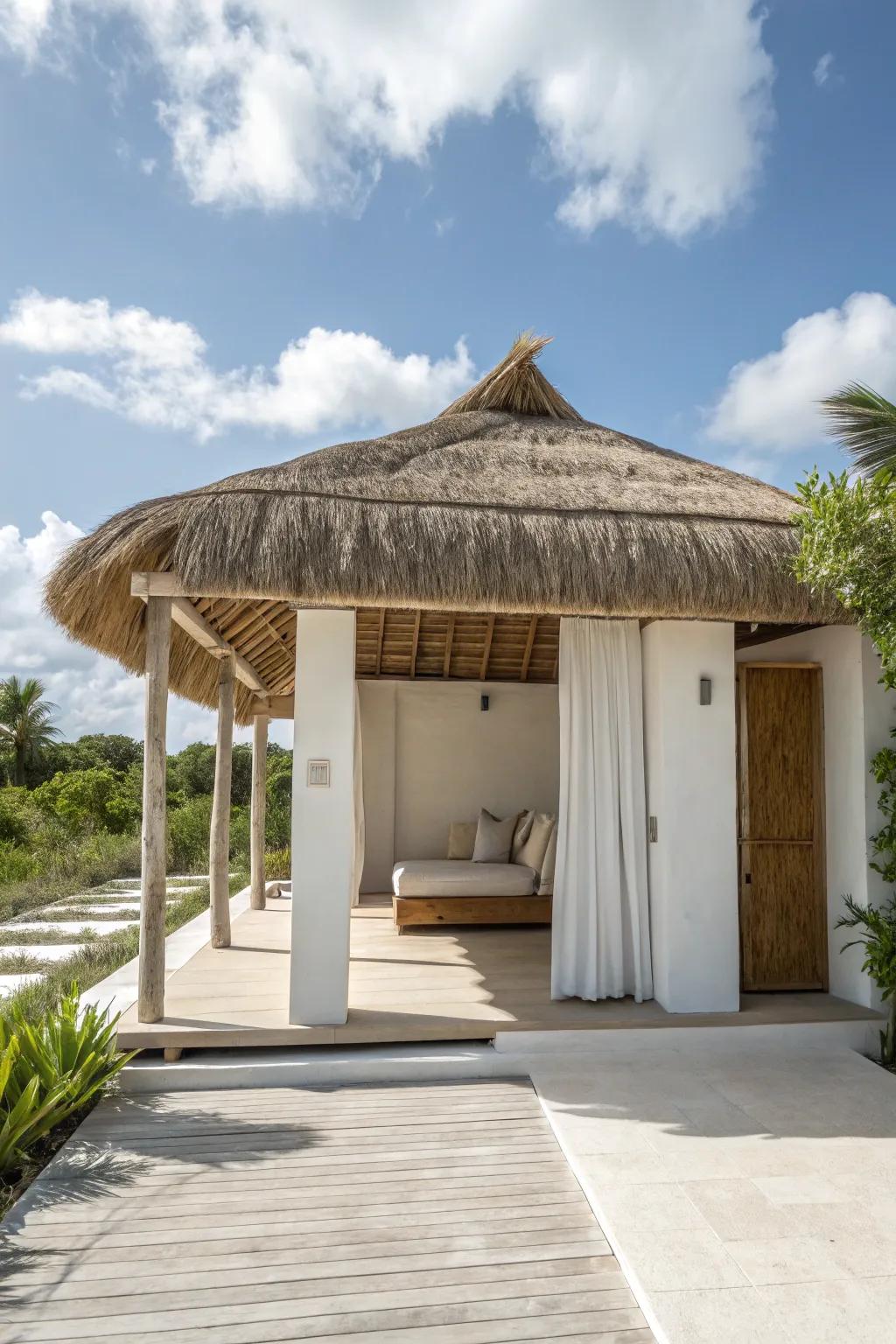 A serene, minimalist cabana featuring a sophisticated design.