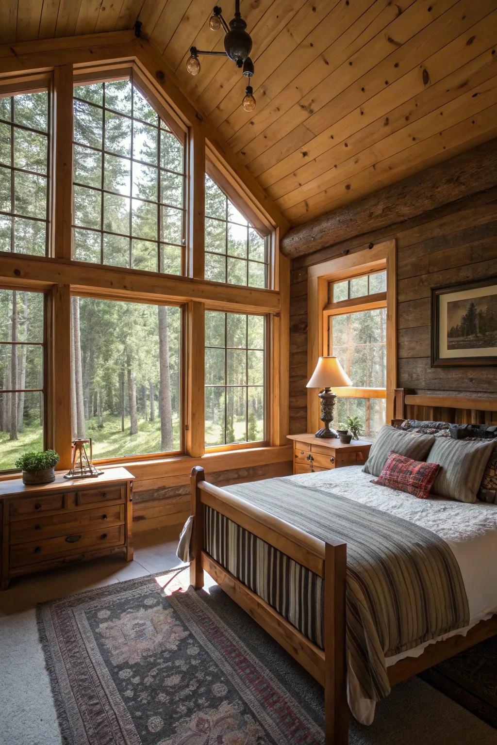 A cabin bedroom featuring expansive windows, which allow a generous influx of natural light.