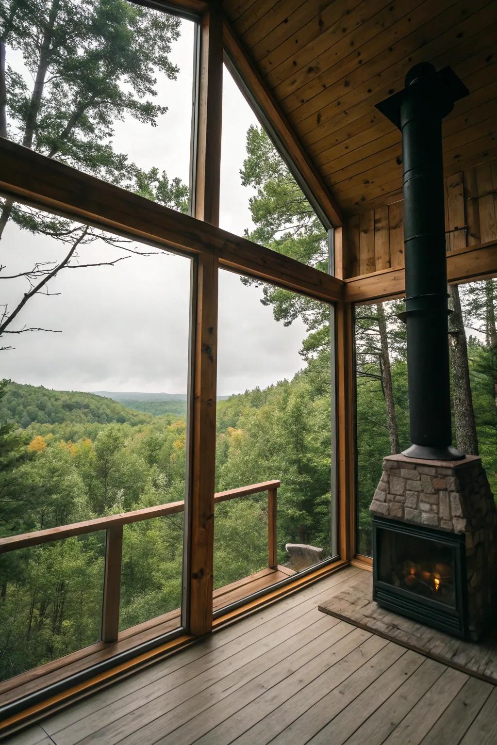Cabin featuring broad windows displaying forest panoramas