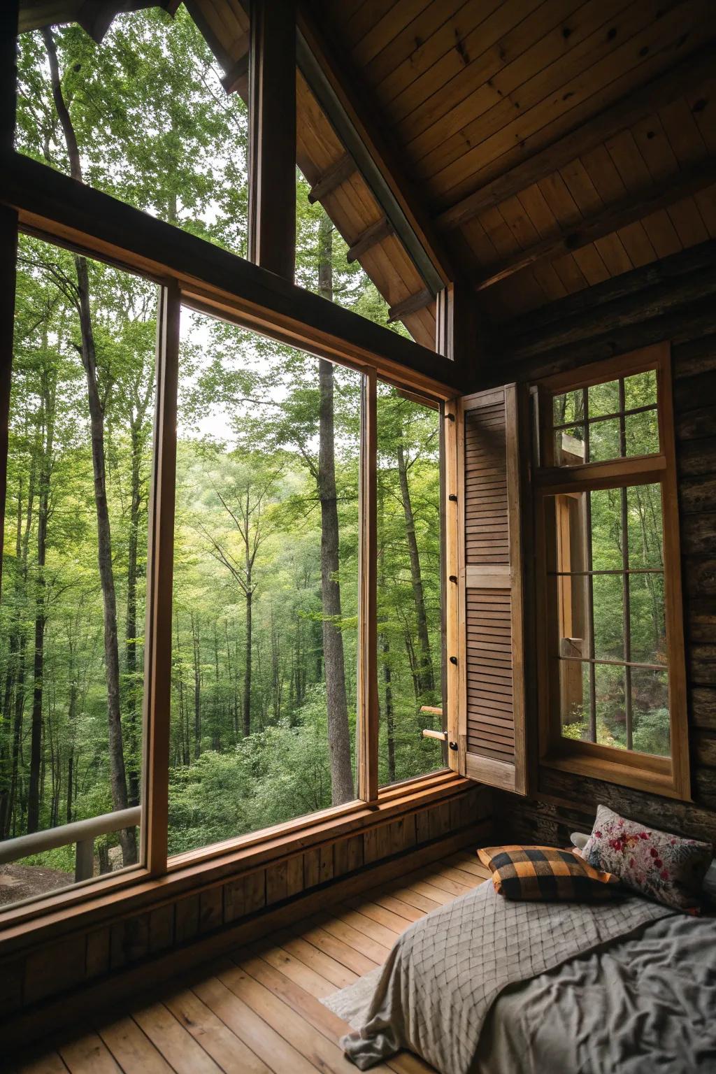 Large windows beautifully connect the cabin interior with the outdoors.