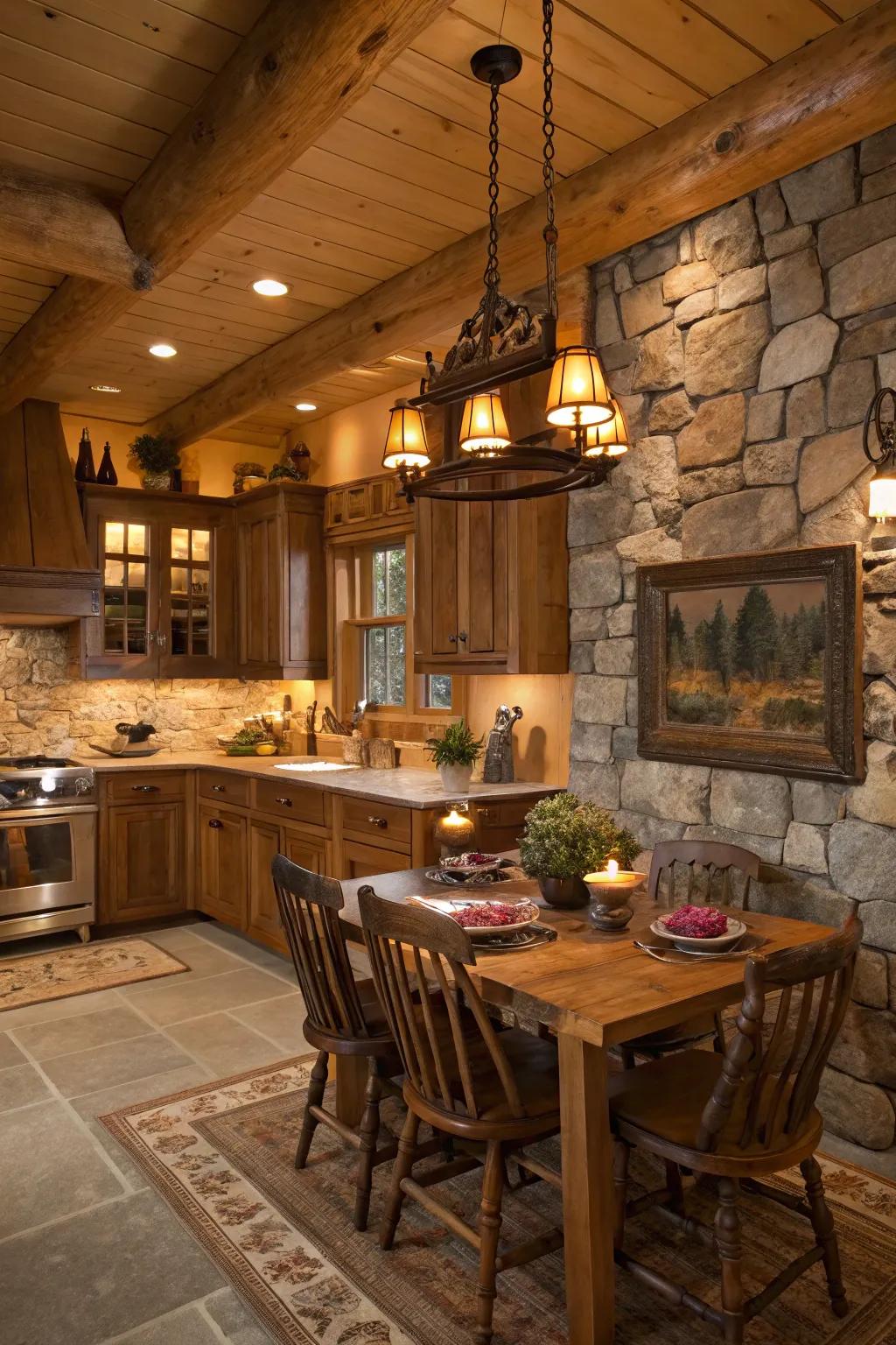 Soft, warm lighting enhances the inviting feel of a cabin kitchen.