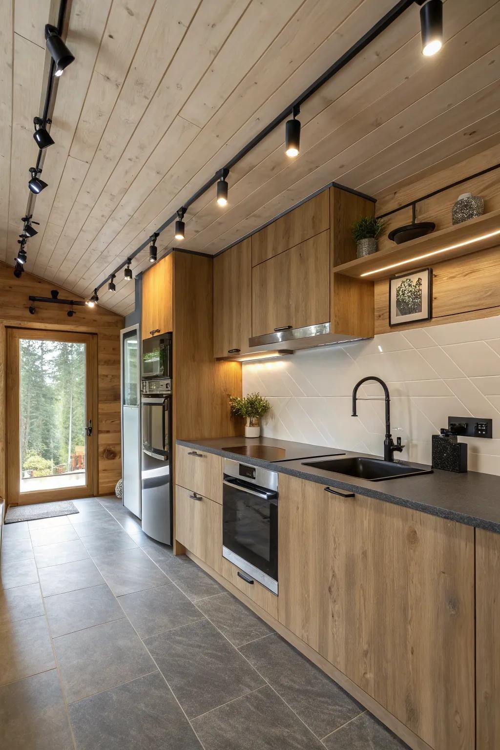 A modern cabin cooking area that features smooth track lighting for an elegant and useful visual.