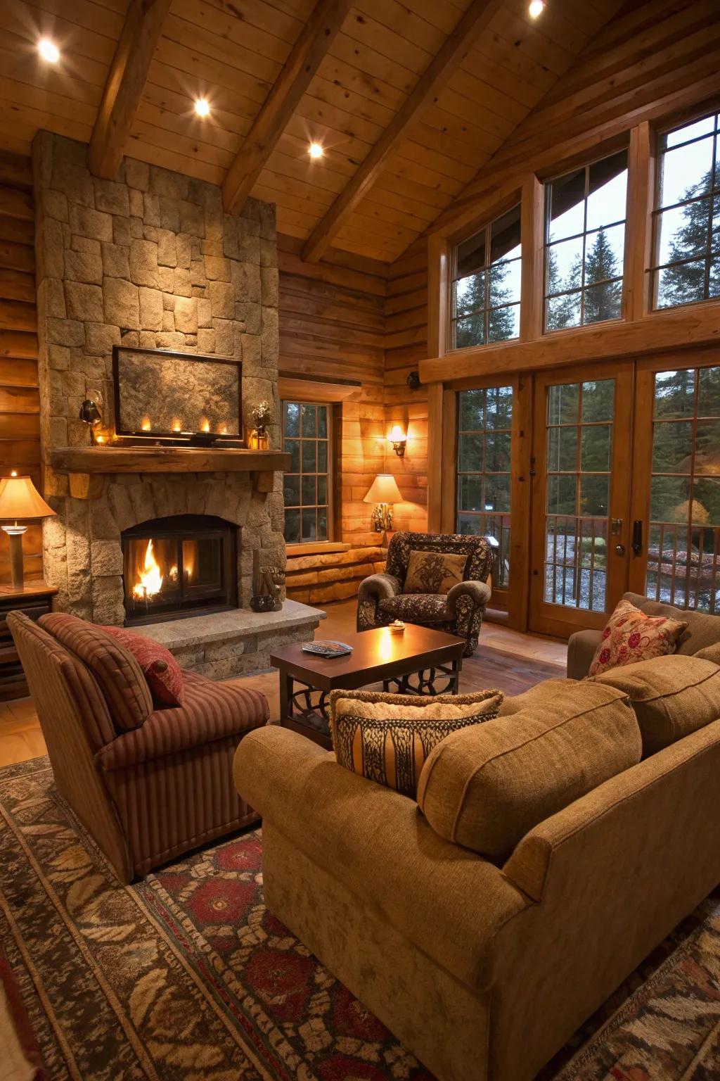 Relaxing seating in ground-inspired shades crafts an inviting cabin environment.