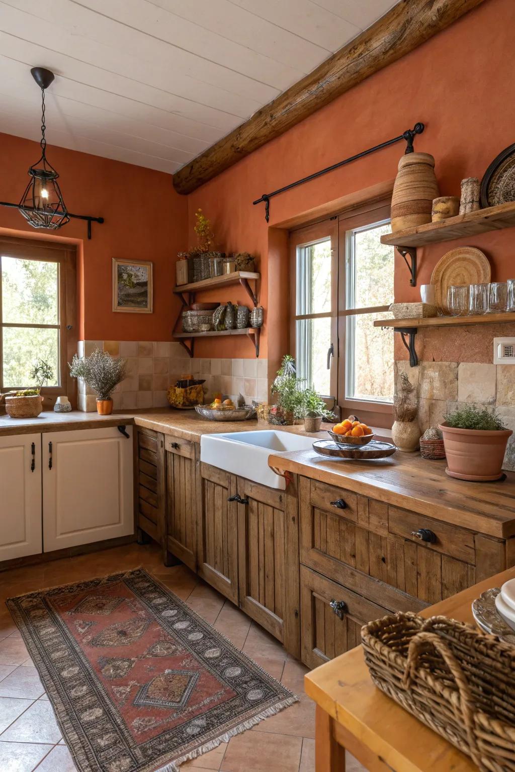 A cooking area with warm terracotta wall surfaces boosting the comfy ambience.