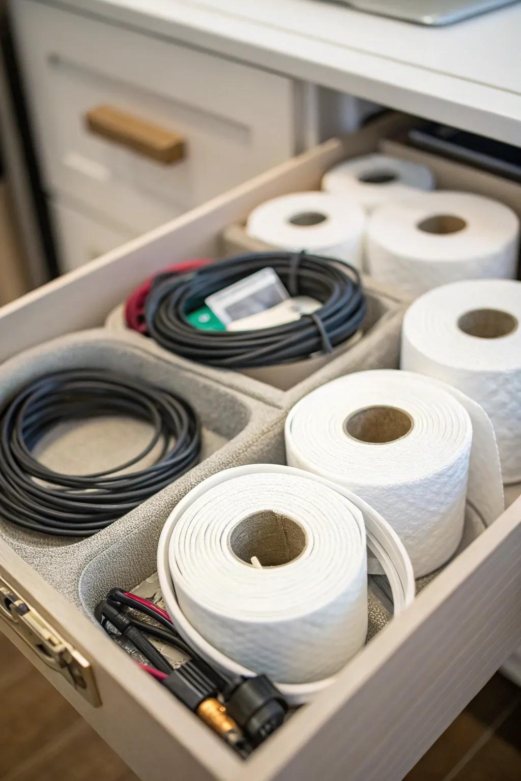 Cardboard tubes creatively repurposed as cable organizers.