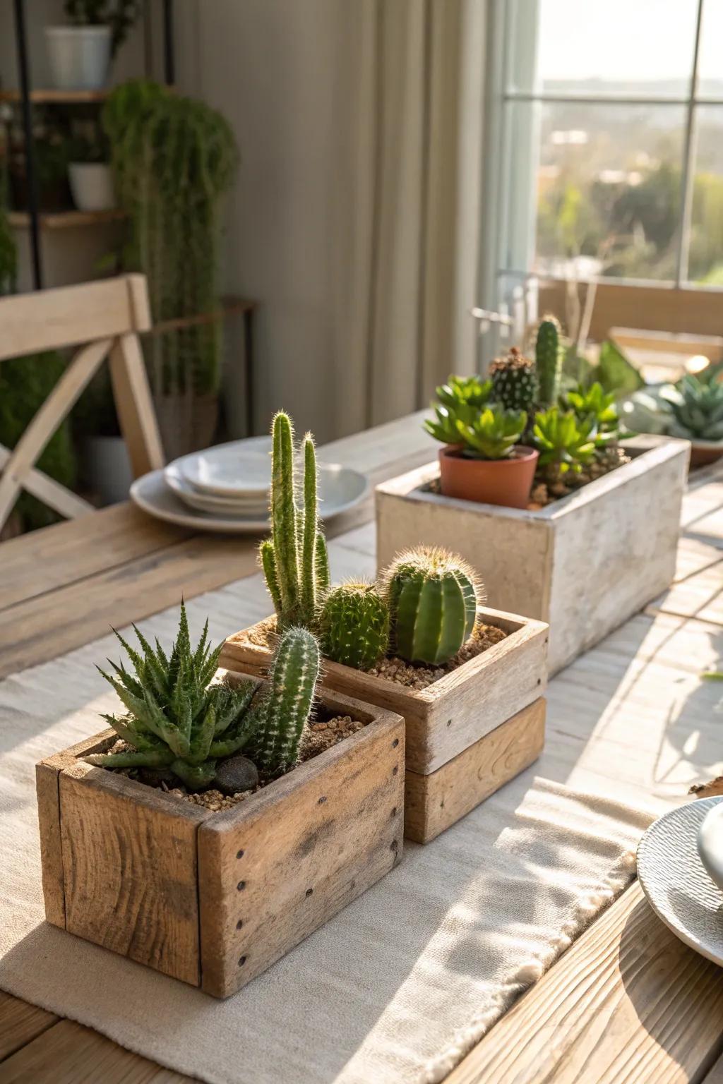 Wooden planters provide a rustic charm to cactus arrangements.