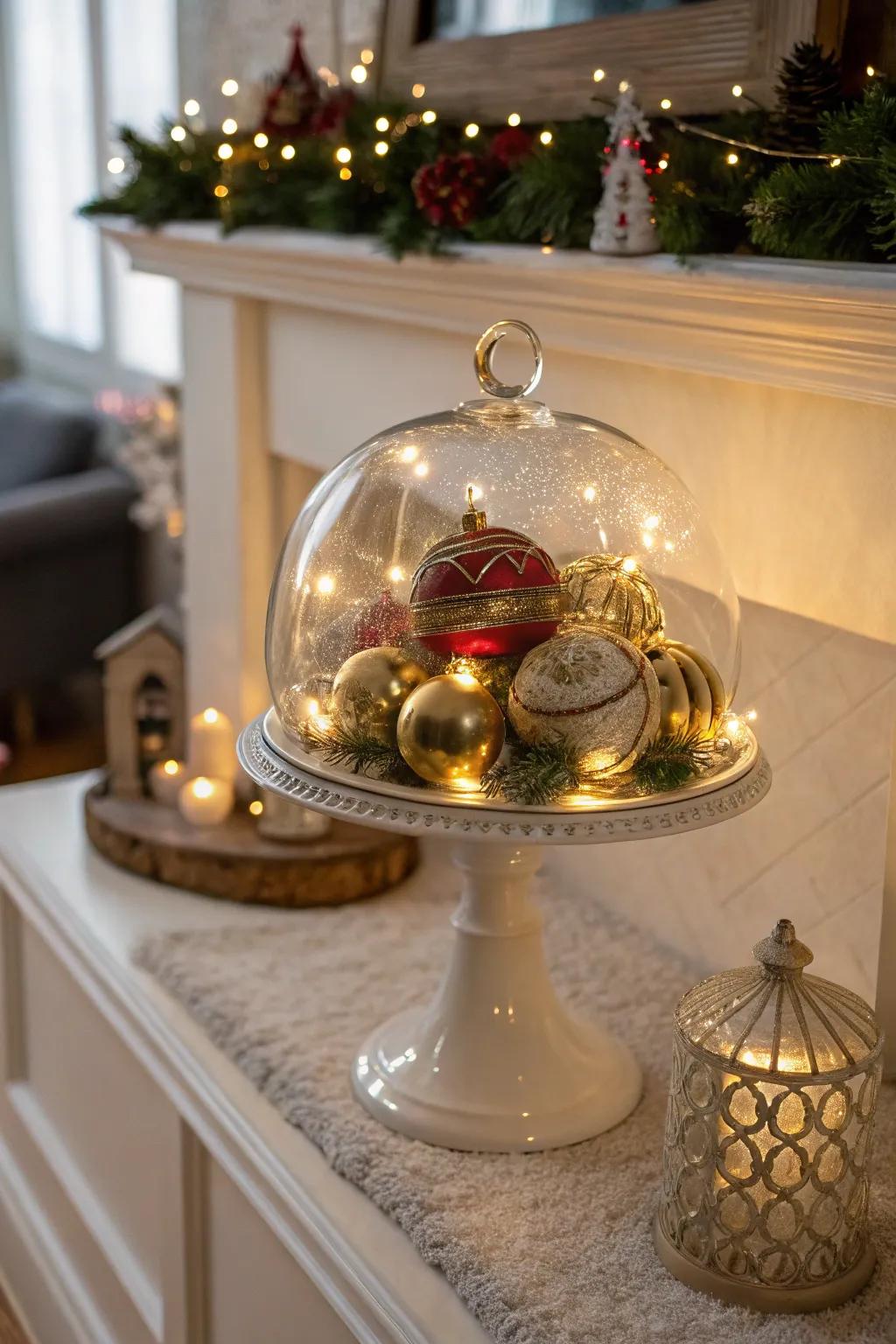 Add a festive flair with holiday-themed decorations under a dome.