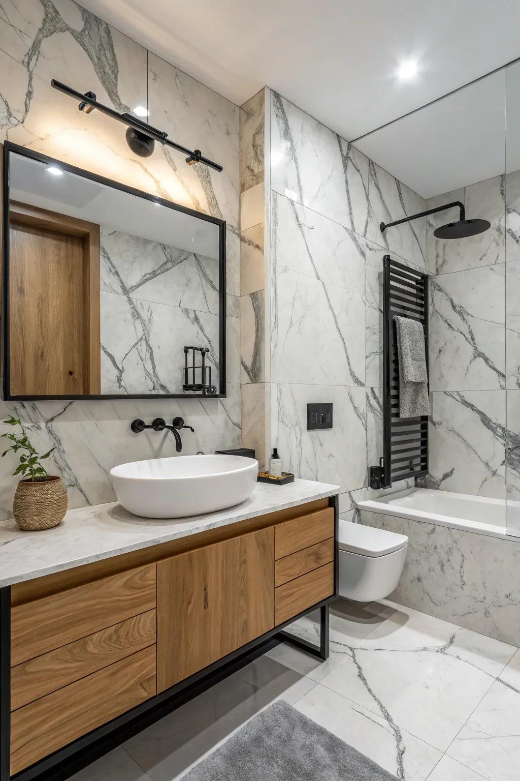 A fashionable bathroom design blending Ivory Coast marble with contemporary materials.