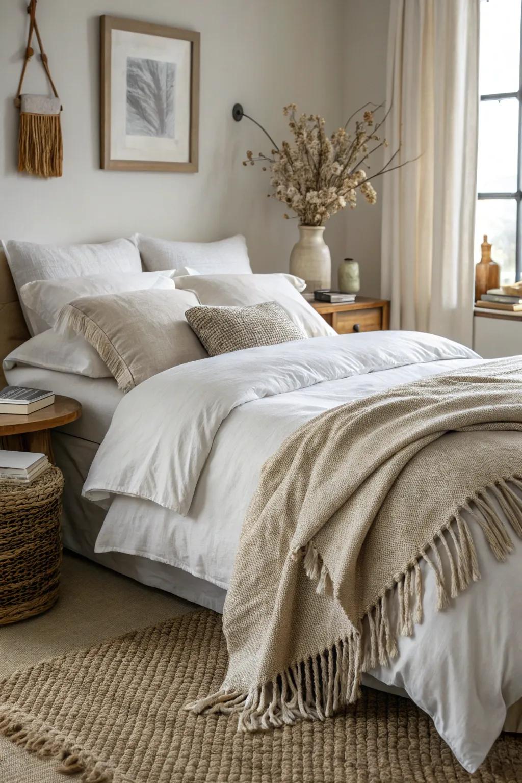Bedroom design featuring layered home textiles with a linen duvet, cotton sheets, and a wool throw.
