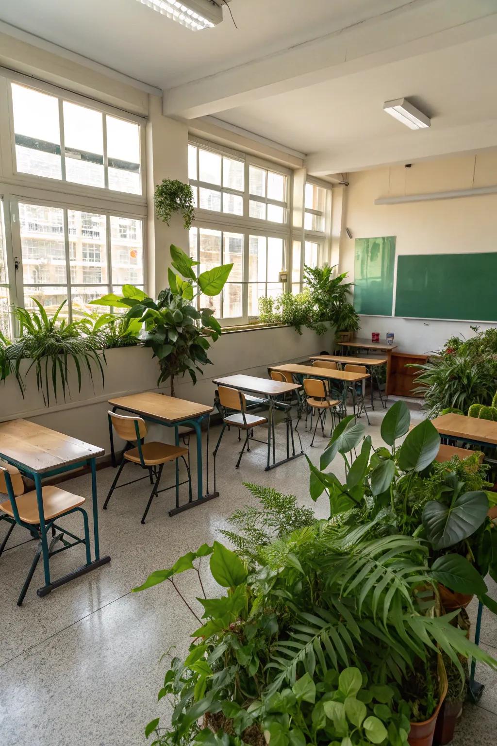 Natural elements like plants add a soothing touch to the classroom.