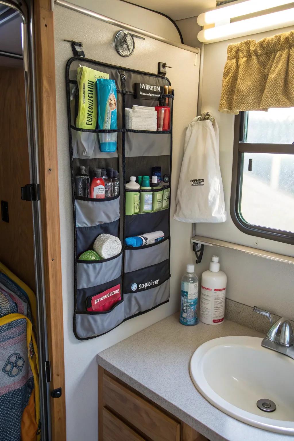 Over-the-door organizer making use of empty space in a camper bathroom.