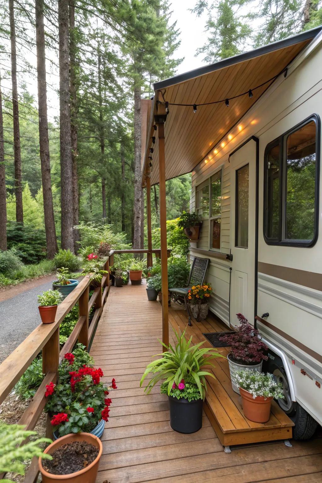 Nature-inspired decor giving life to a camper porch.