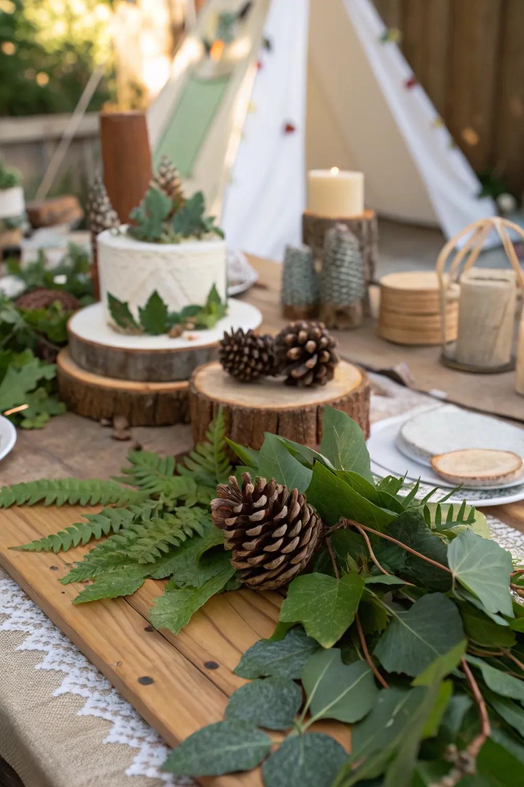 Nature-inspired decor creating a woodland atmosphere.