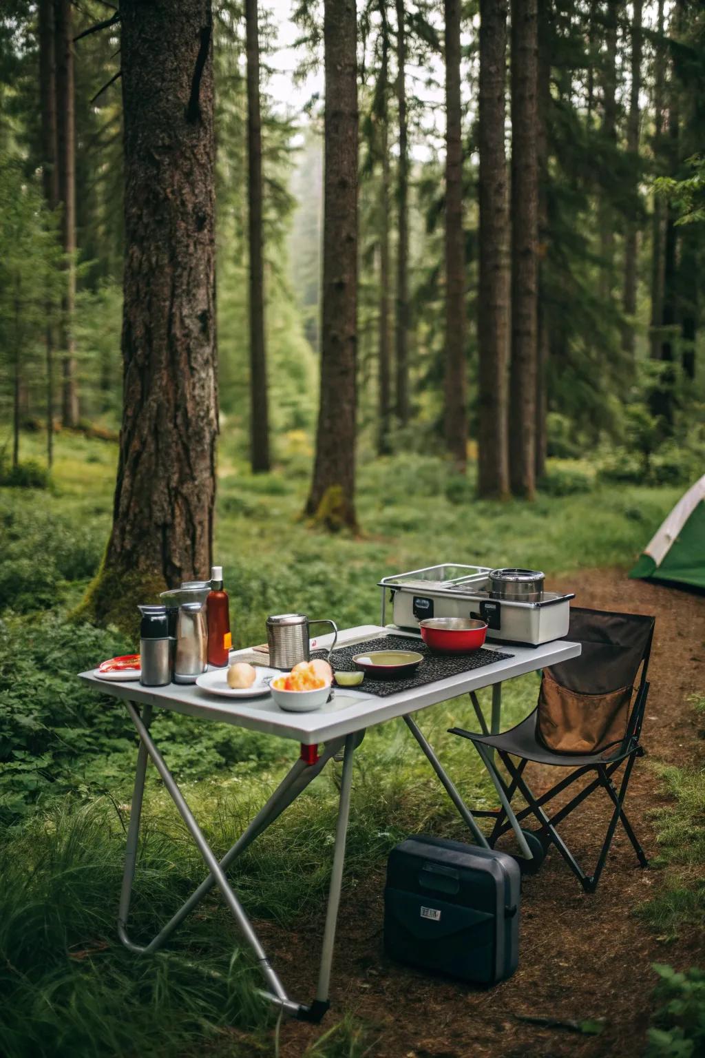 A folding table doubles as a prep space and dining area.