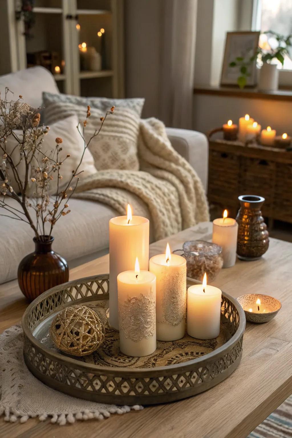 A dynamic and stylish centerpiece made with varying candle heights.