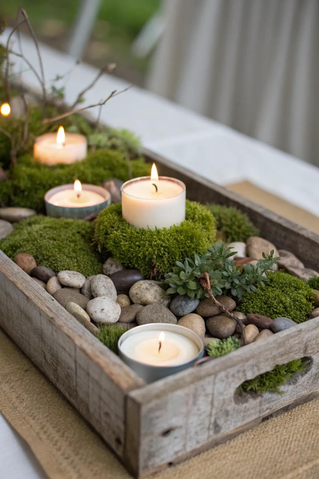 An earthy wooden plank featuring petite candles and elements from nature.