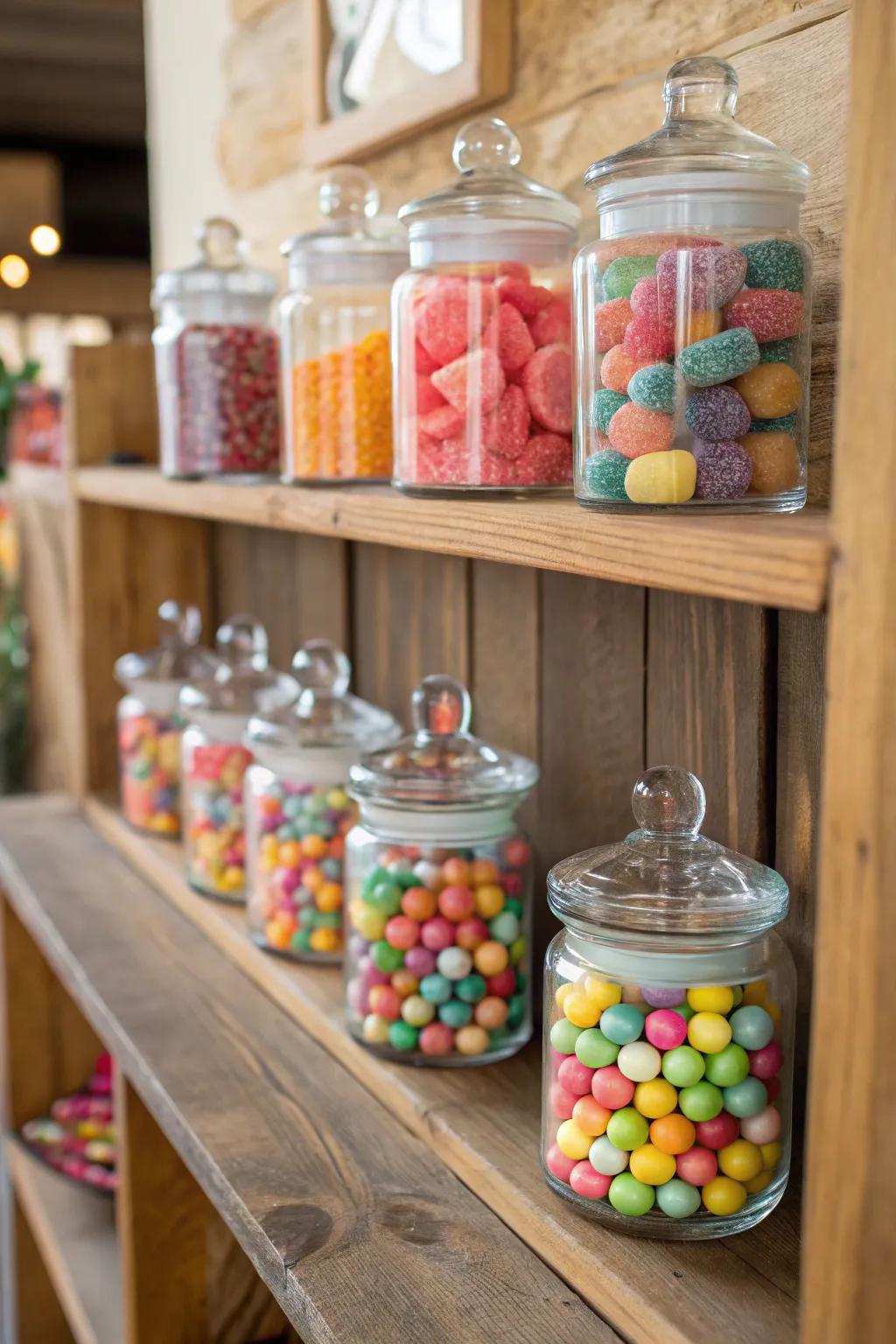 Elegant glass containers presenting vibrant candies.