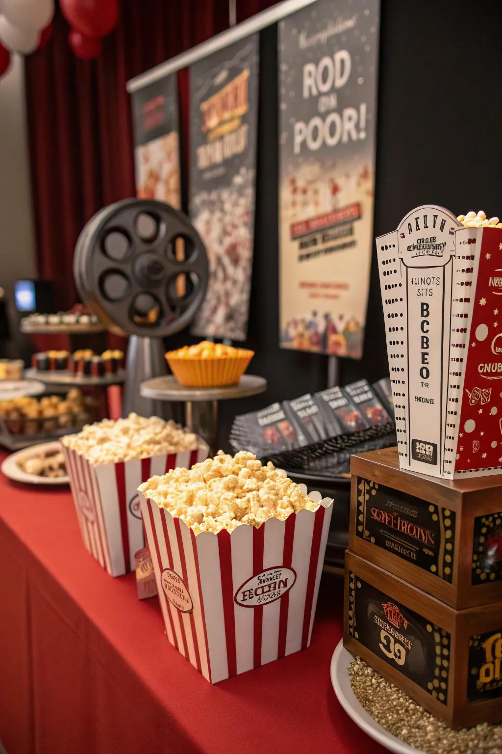 A movie night candy bar filled with classic cinema snacks and retro appeal.