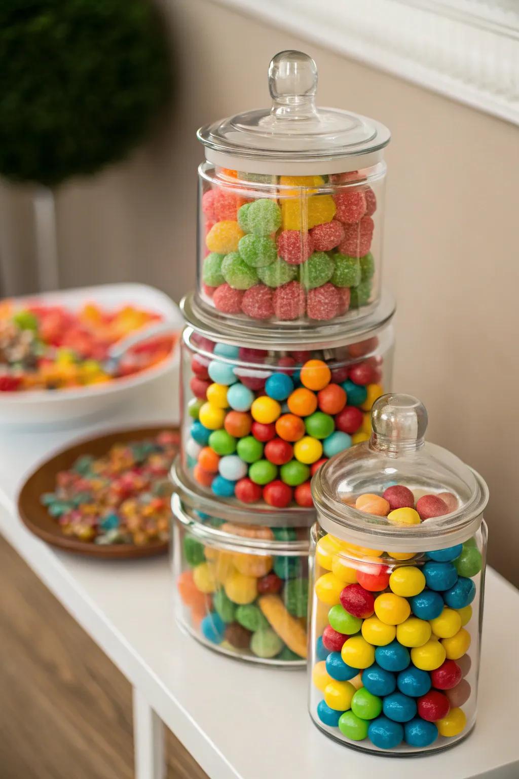A tower of candy jars provides both decoration and delightful treats.