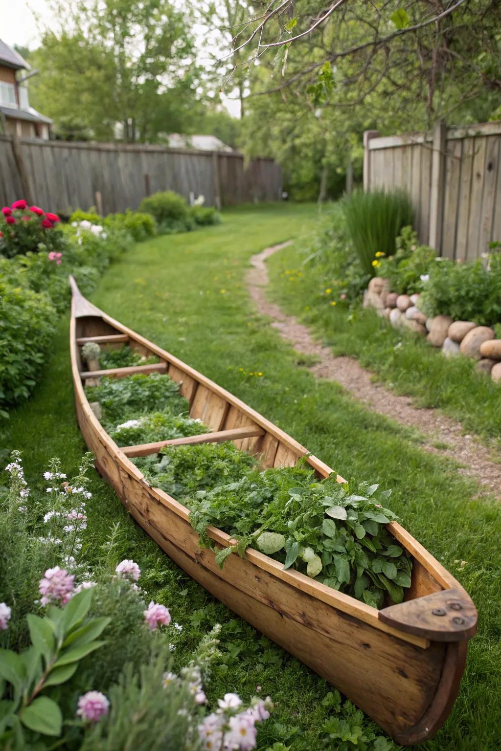 A timber canoe planter showing off its earthy elegance in the yard.