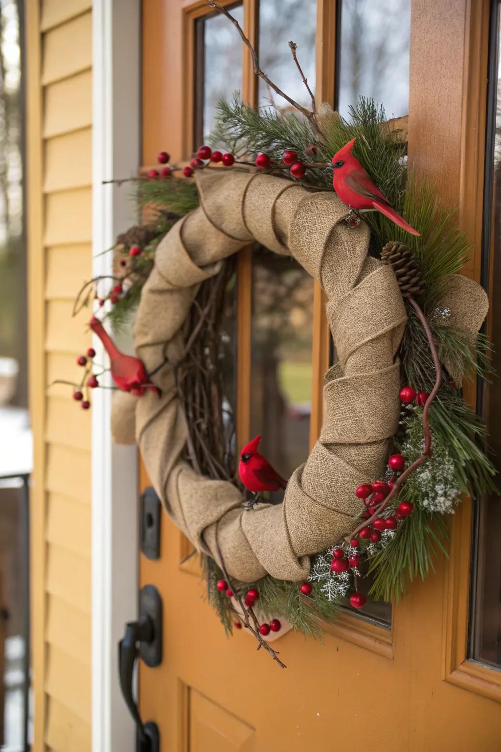 A rustic chic wreath with burlap and cardinals for a warm welcome.