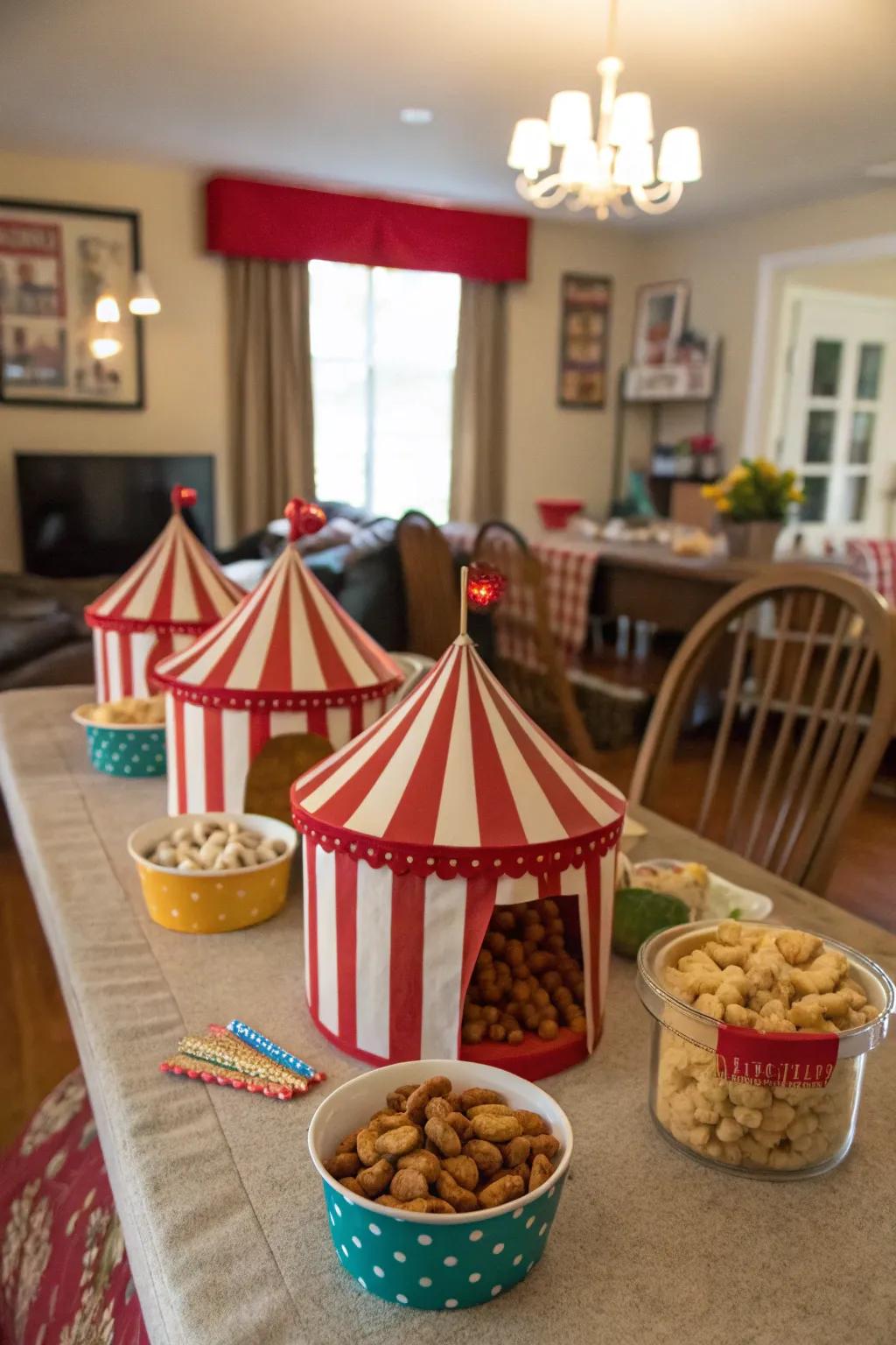 Scaled shelters infuse carnival flair into your dining arrangement.