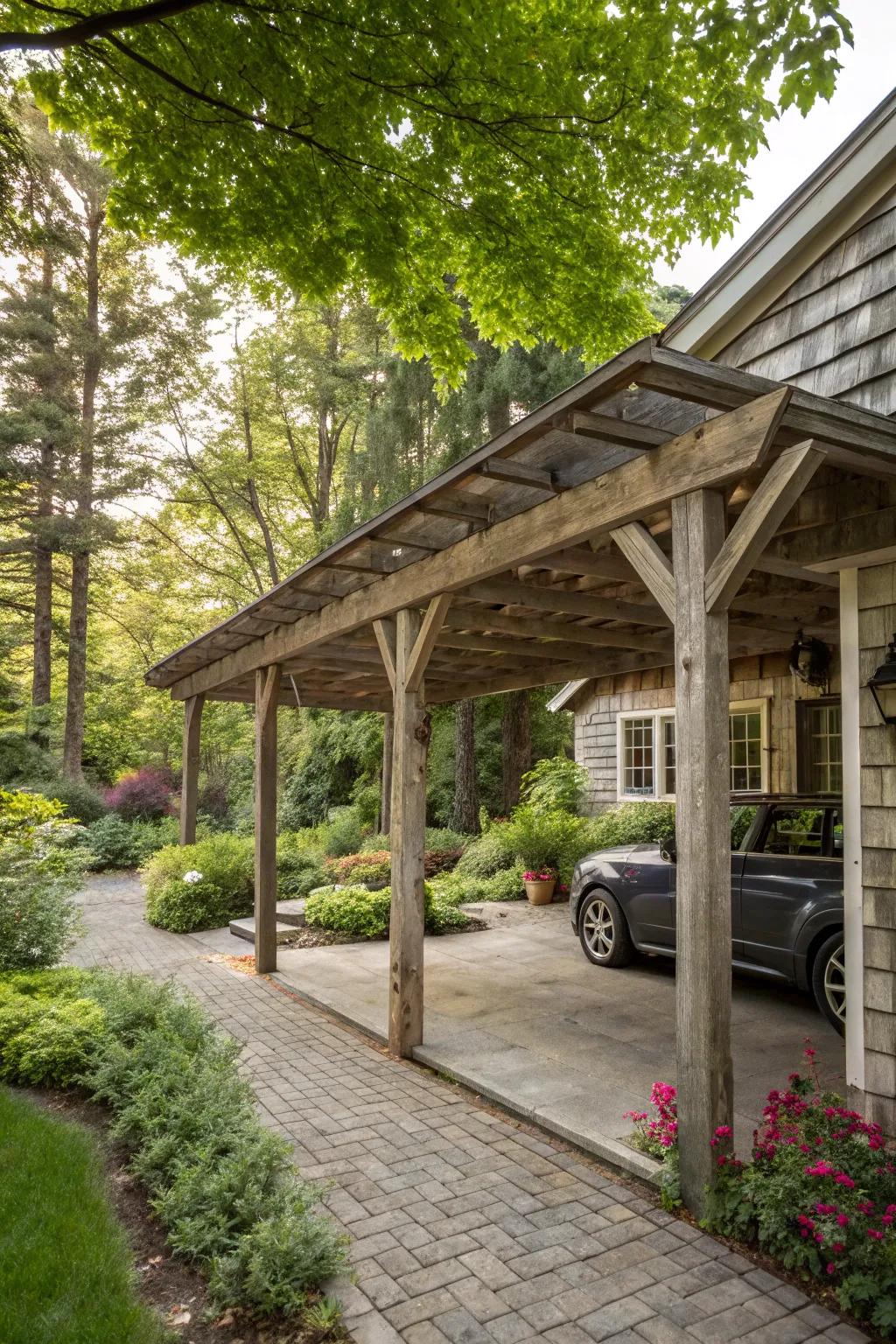 A warm, rustic carport that complements natural surroundings.