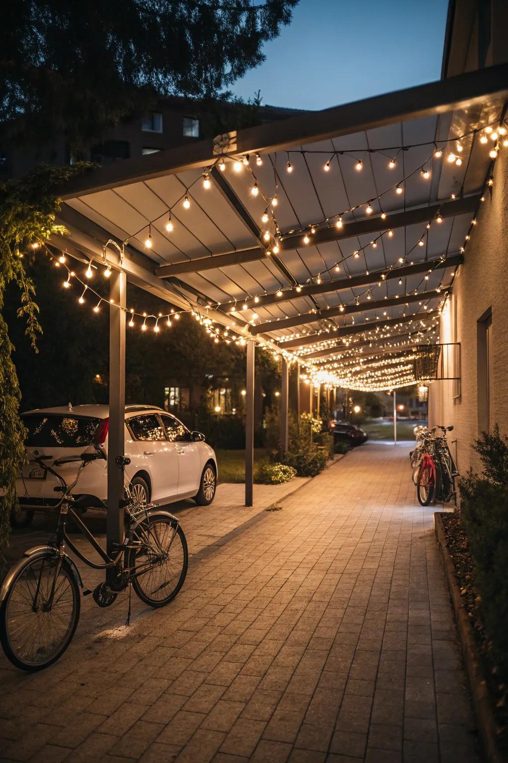 String lights impart a hint of magic to your carport.
