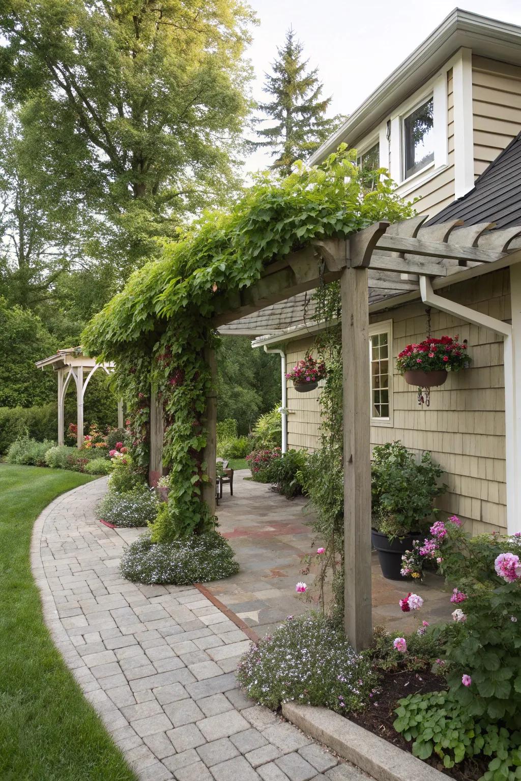 A pergola-style carport adorned with vibrant greenery.