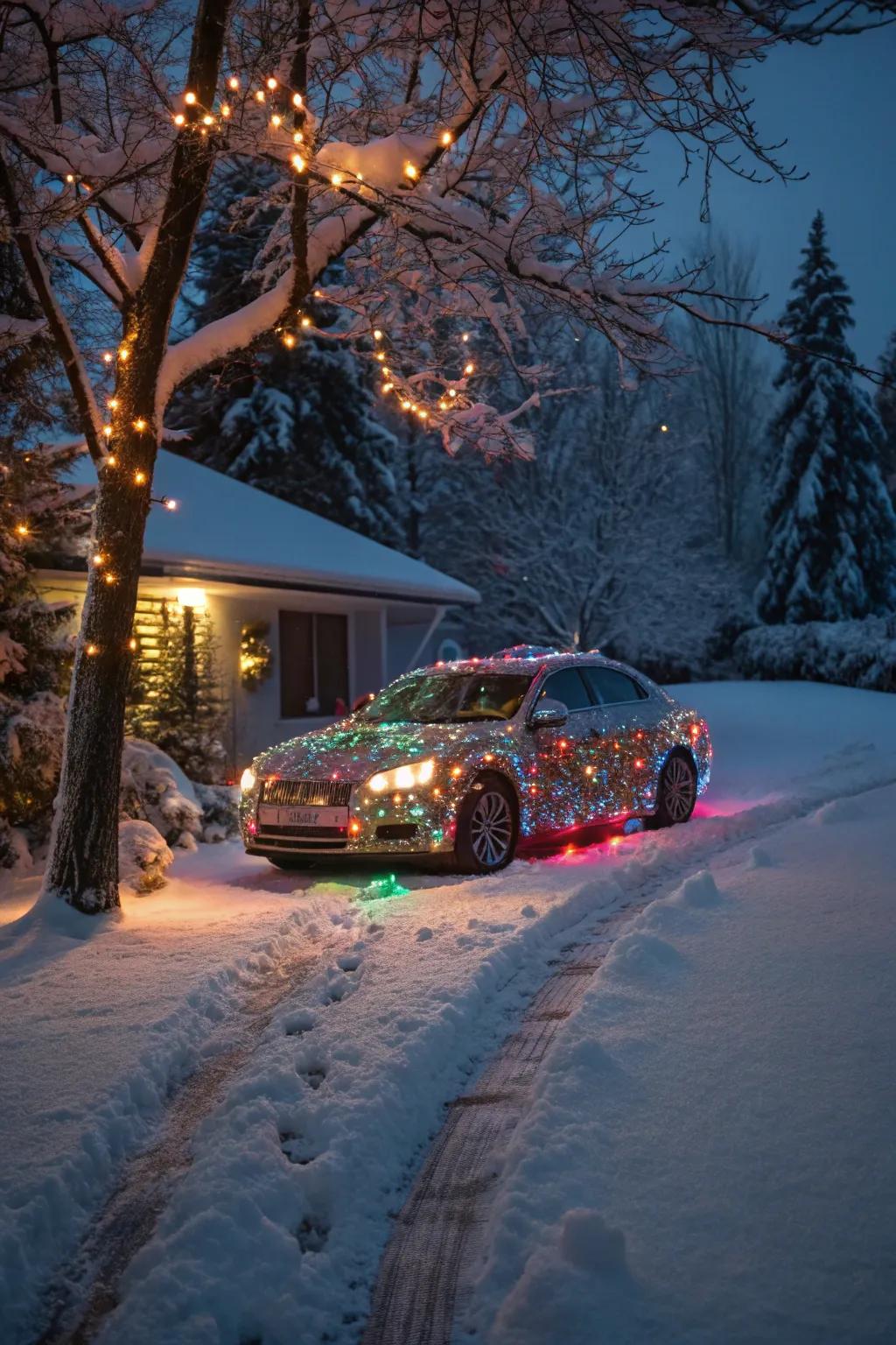 A car sparkling with LED lights, illuminating the winter night.