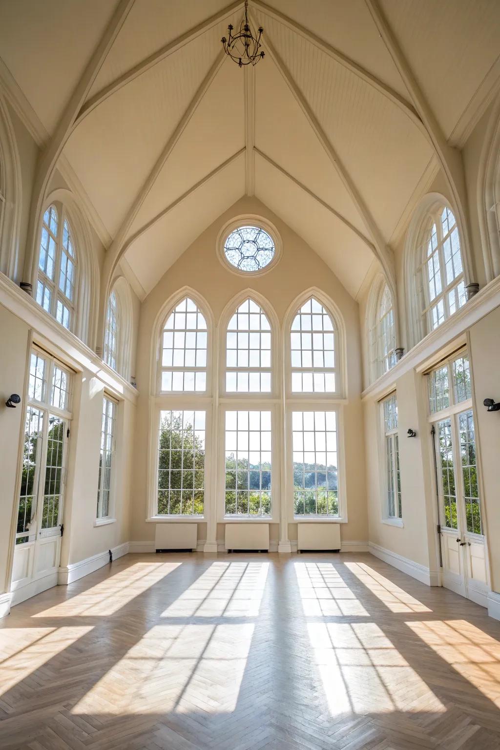 Vast panes saturate the room with sunlight, underscoring the elevated ceiling.